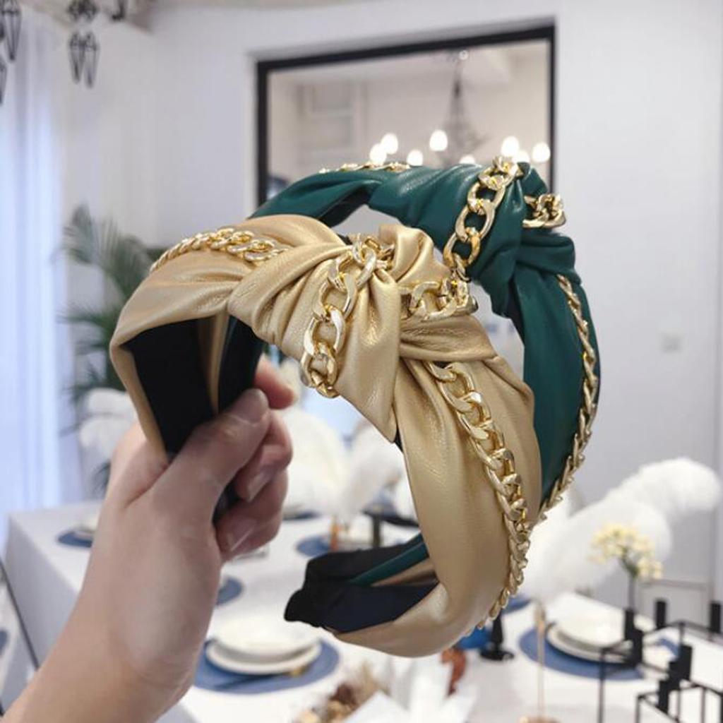 New Fashion Leather Headband Women Soft PU Hairband Gold Alloy Chain Headwear Wide Side Solid Headwear Autumn Hair Accessories