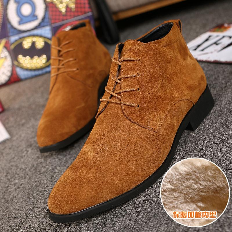 New Pointed Leather Shoes Men's Velvet and Cotton High-top Trend British Casual Leather Shoes Leather Boots Korean Version