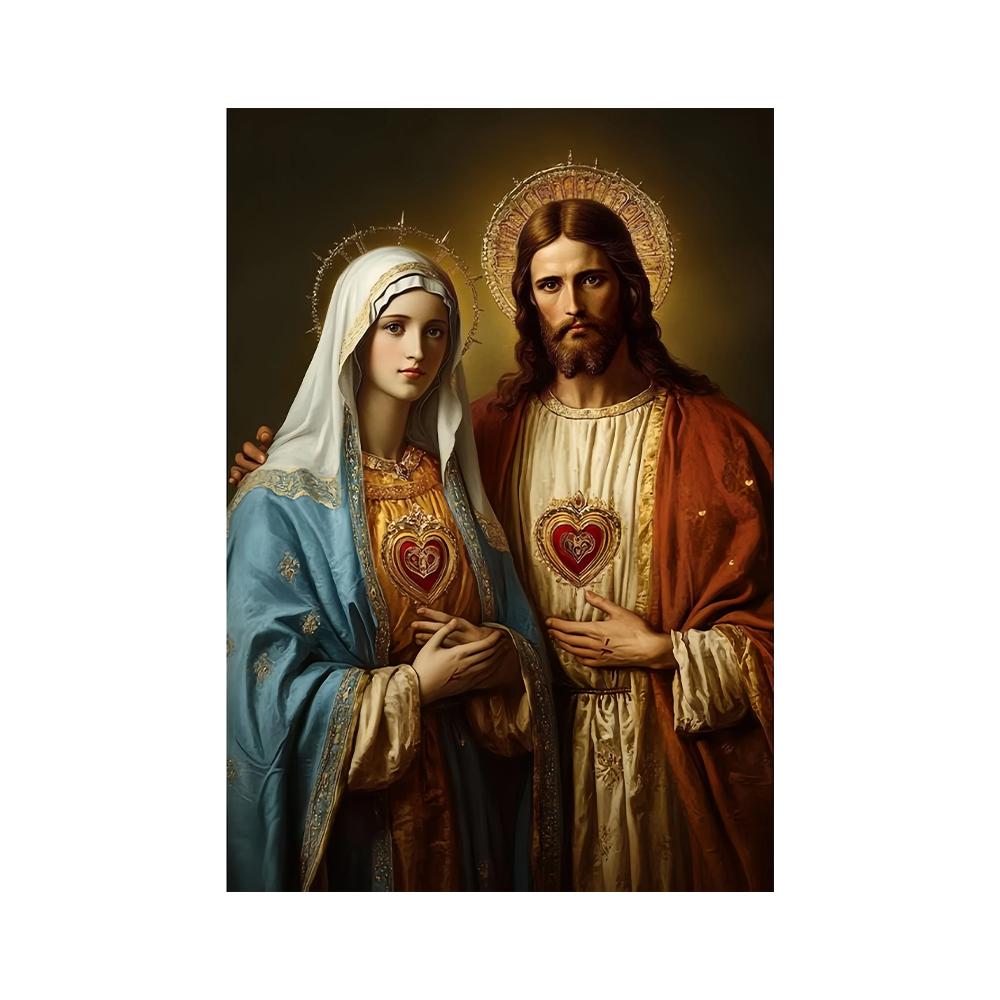 ציור קנבס דתי נוצרי של ישו ומרים הבתולה, לב קדוש, פוסטר אמנותי של ישו הילד הקדוש הקתולי, עיצוב בית נוצרי