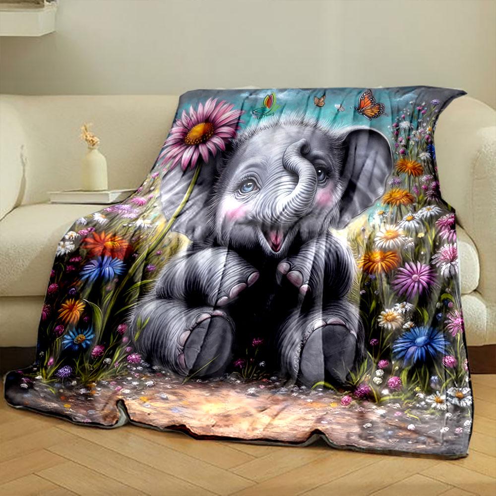 Cute Baby Elephant In a Flower Field Print Blanket Soft and Cozy Perfect for the Living Room Bed Sofa or a Nap,gift