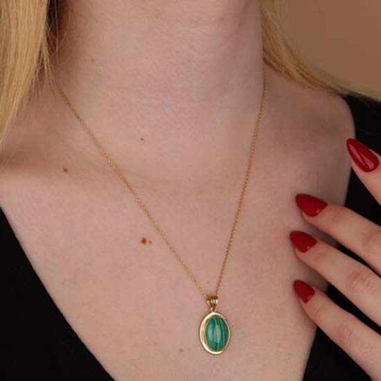 Malachite Oval Gemstone Necklace, Solid 925 Sterling Silver, Yellow Gold Necklace, Handmade Jewelry, Designer Necklace