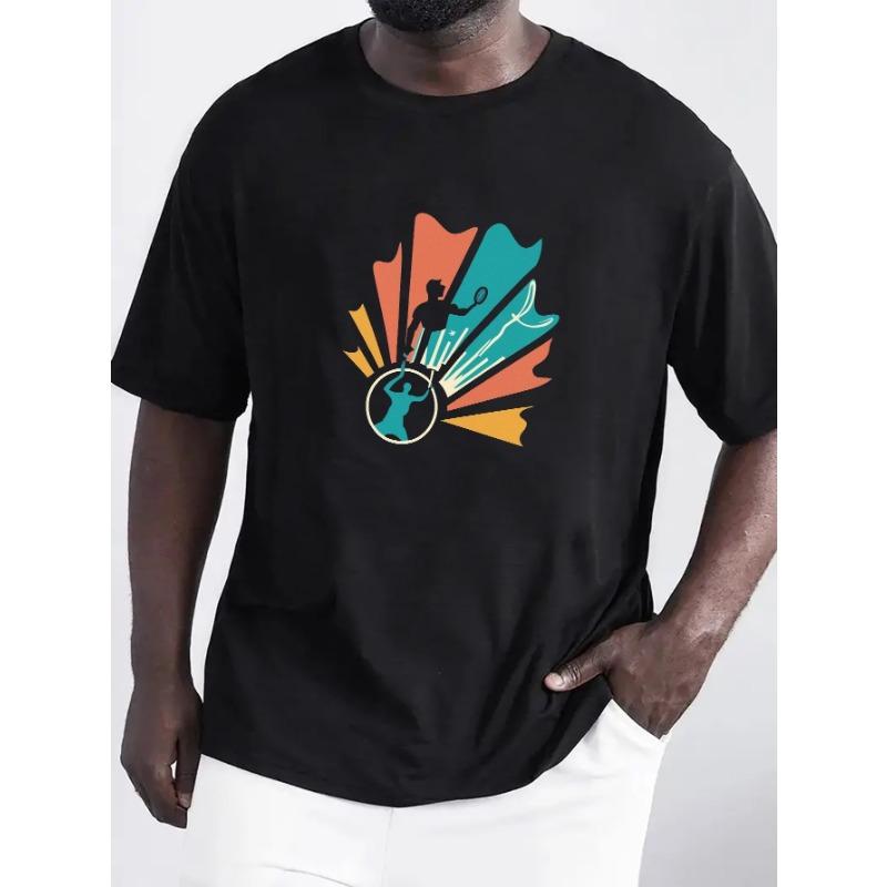 

European Size Badminton Sport Print Men s Trendy Short Sleeve T-shirts, Comfy Casual Breathable Tops For Men s Fitness Training, Jogging 4XL чорний