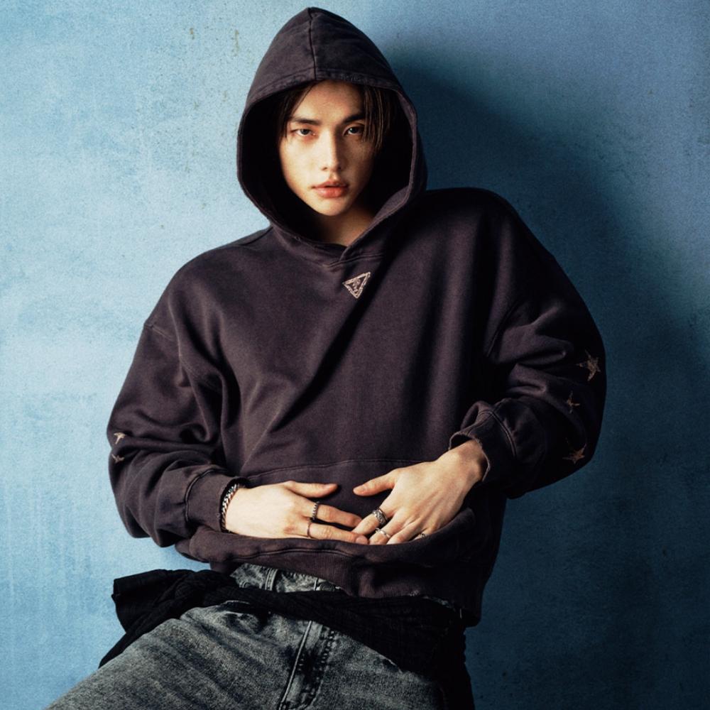 GUESS Star Hoodie Charcoal Grey Hyunjin Stray Kids Vintage Wash Unisex