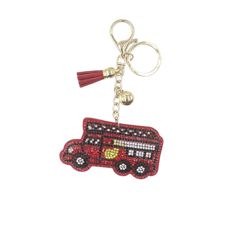 Rhinestone Fire Truck Keychain with Tassel - Fashionable Metal Bag Pendant