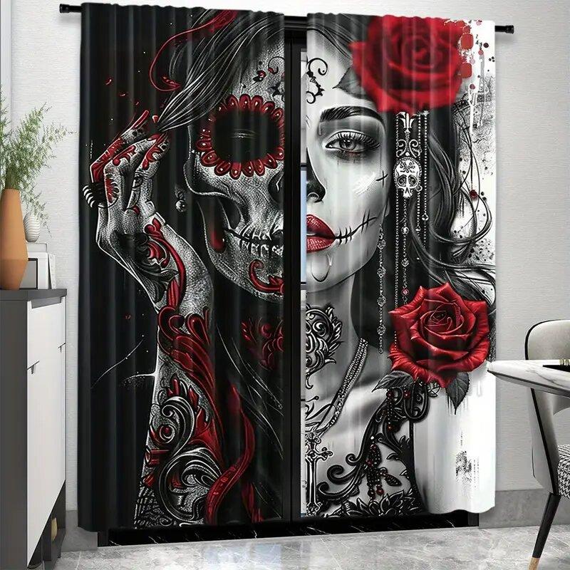 2pcs Gothic skeletons and red roses printed curtains   pole bag curtains   bedroom living room   home decoration   room decoration