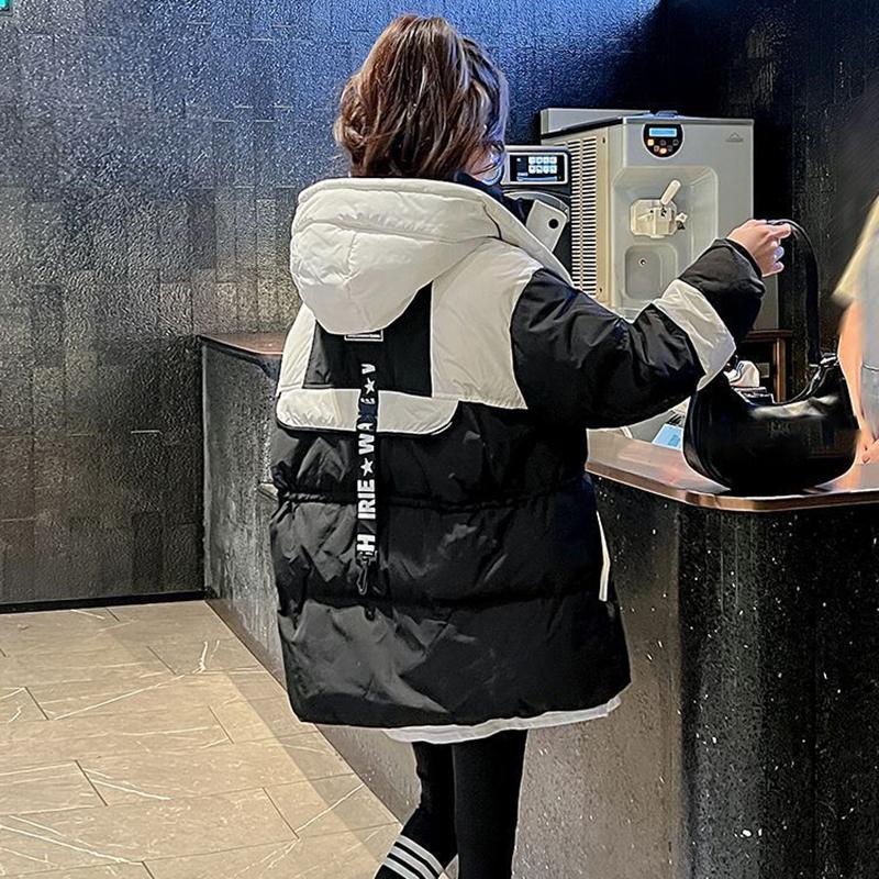 Winter Damen Daunenmantel All Match Parkas Jacke Damen Kapuze Splicing Puffer Oberbekleidung Schwarz Mittel Lang Jacken Damen Locker Warm