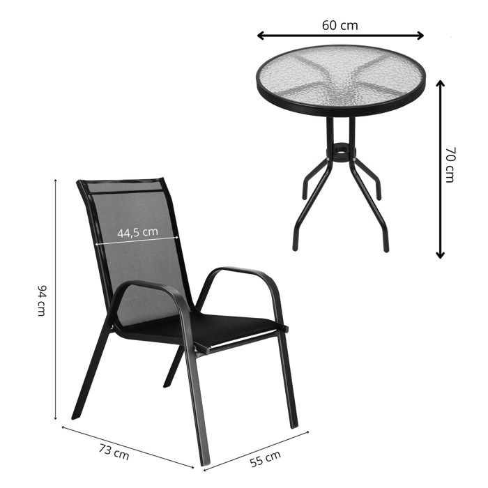 Metal Terrace Lounge Set, Set for 2 People, Coffee Table and 2 Black Chairs