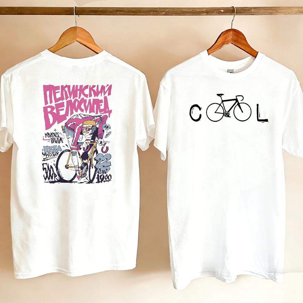 Unisex Women Two Side Printed Tee Cool Bike Graphic Front Retro Graffiti Cyclist Russian Text Back Vintage Outdoor Cycling T Shirt