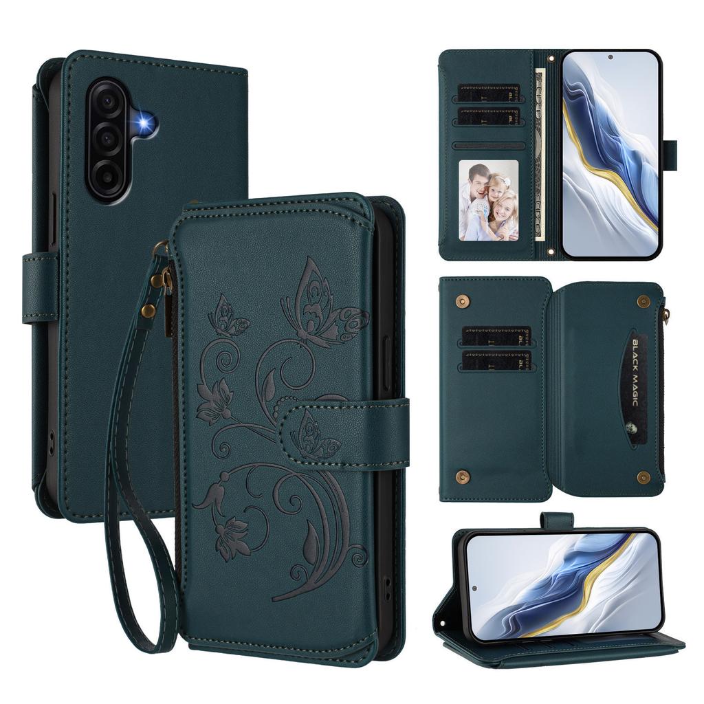 For Samsung Galaxy A37 5G Leather Case Butterfly Floral Imprint Zipper Wallet Stand Cover with Wrist Strap