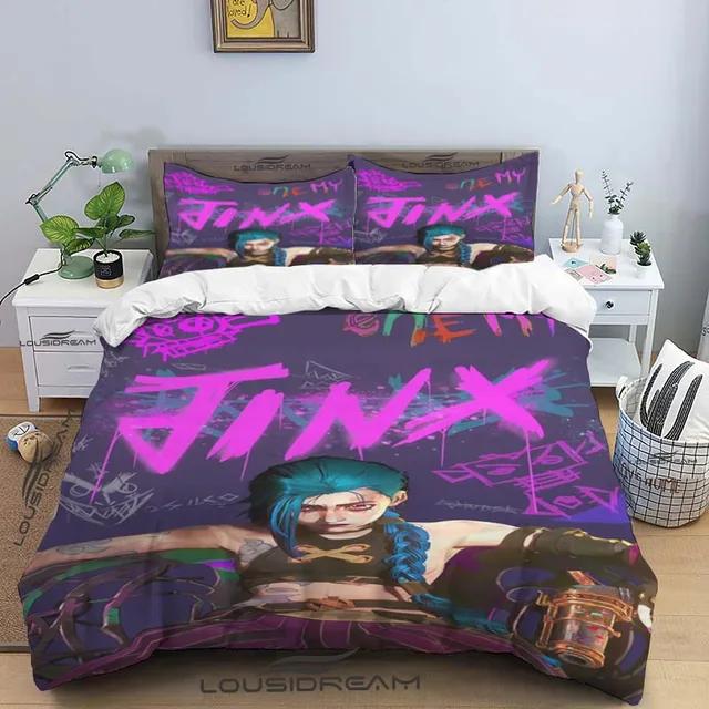 Kreslený Jinx Arcane: Ložní souprava League of Legends s postelí King, dvěma oddělenými postelemi, dětská 3dílná sada povlečení na peřinu z mikrovlákna nebo polyesteru