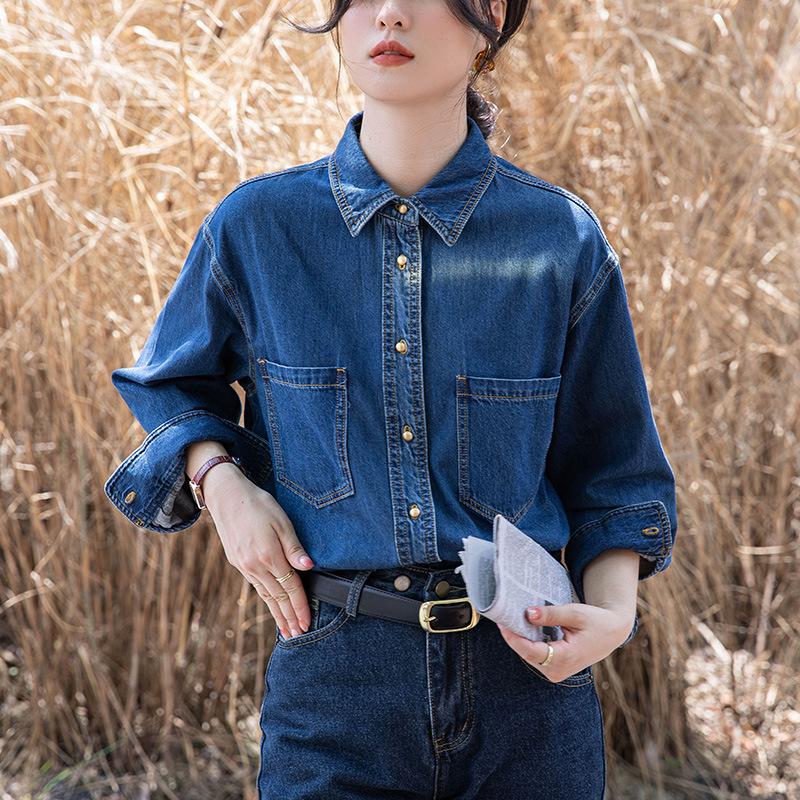 Non-curled Retro Dark Blue Soft Denim Long-sleeved Shirt Autumn Loose Inner Layer Layered Commuter Small Shirt