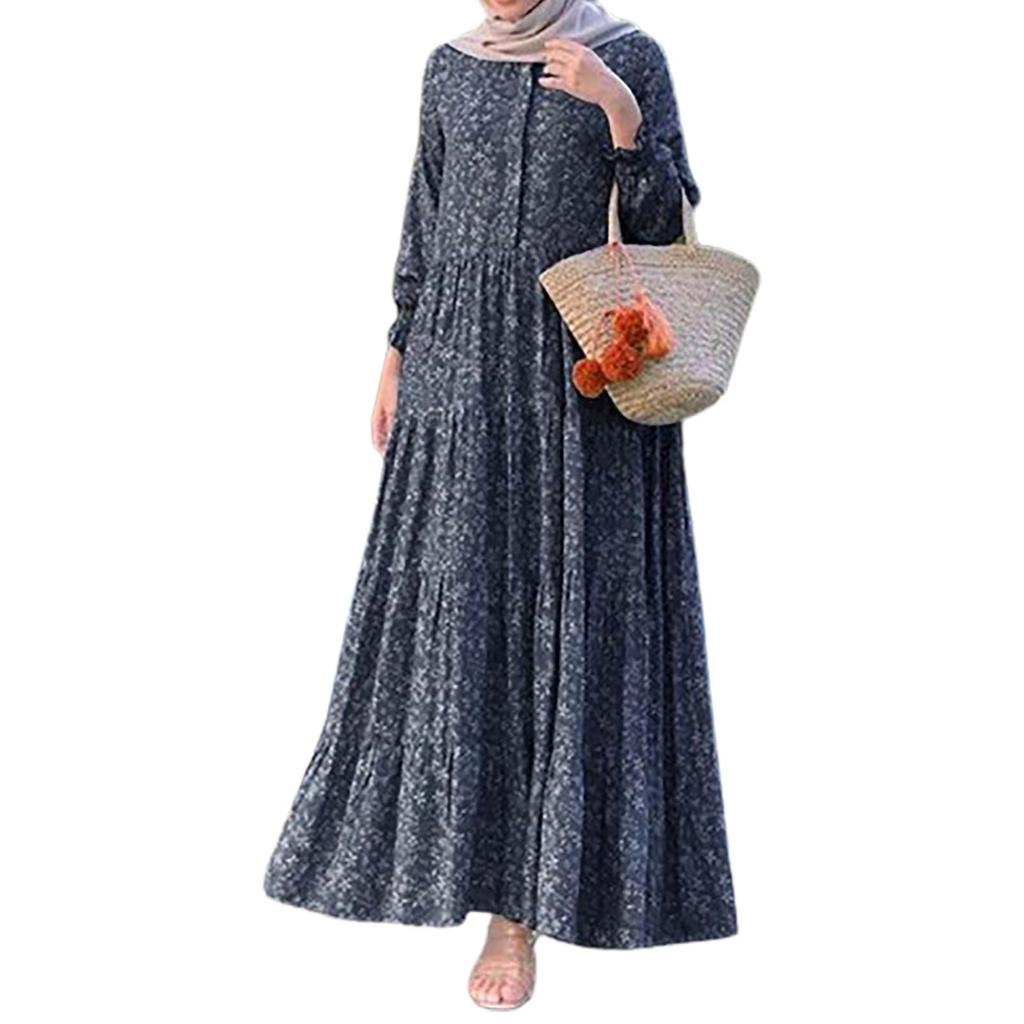 Women's Fashion Casual Button Round Neck Long Sleeve Muslim Floral Dresses