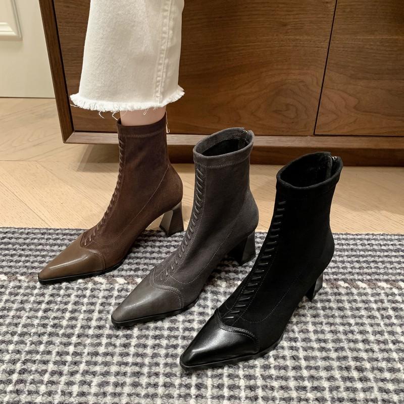 7CM Pointed Toe Chunky Heel Ankle Boots Women Slim Fit Back Zip Fall Winter