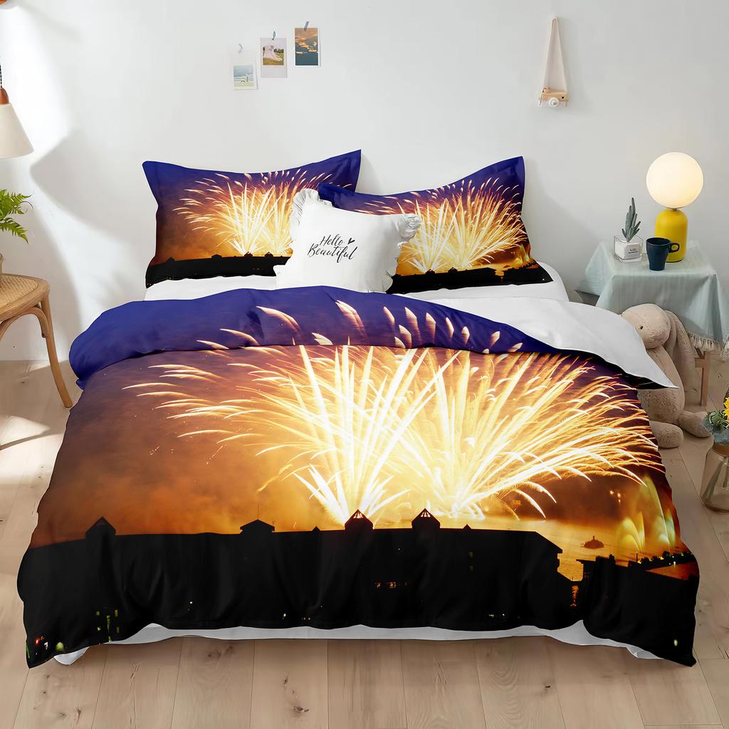 Blue Fireworks Duvet Cover Set 3D Romantic Theme Beautiful City Night New Year Festival Accessories for Kids Teens Bedroom Decor