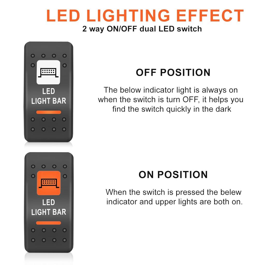 LED Light Bar Waterproof Rocker Switch Toggle On-Off 12V 24V 5Pin SPST Orange Backlit, with Jumper Wires Set Compatible for Polaris RZR Can-Am Car