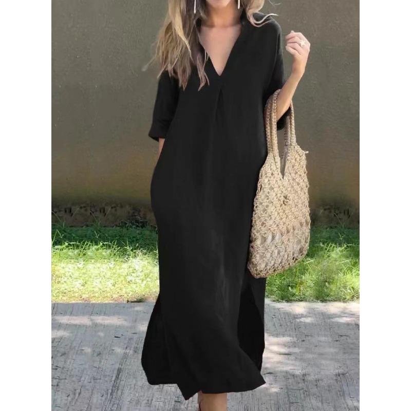 European And American Style Summer Explosion, Slit V-Neck 7-Point Sleeve Chest Pleated Dress On Both Sides