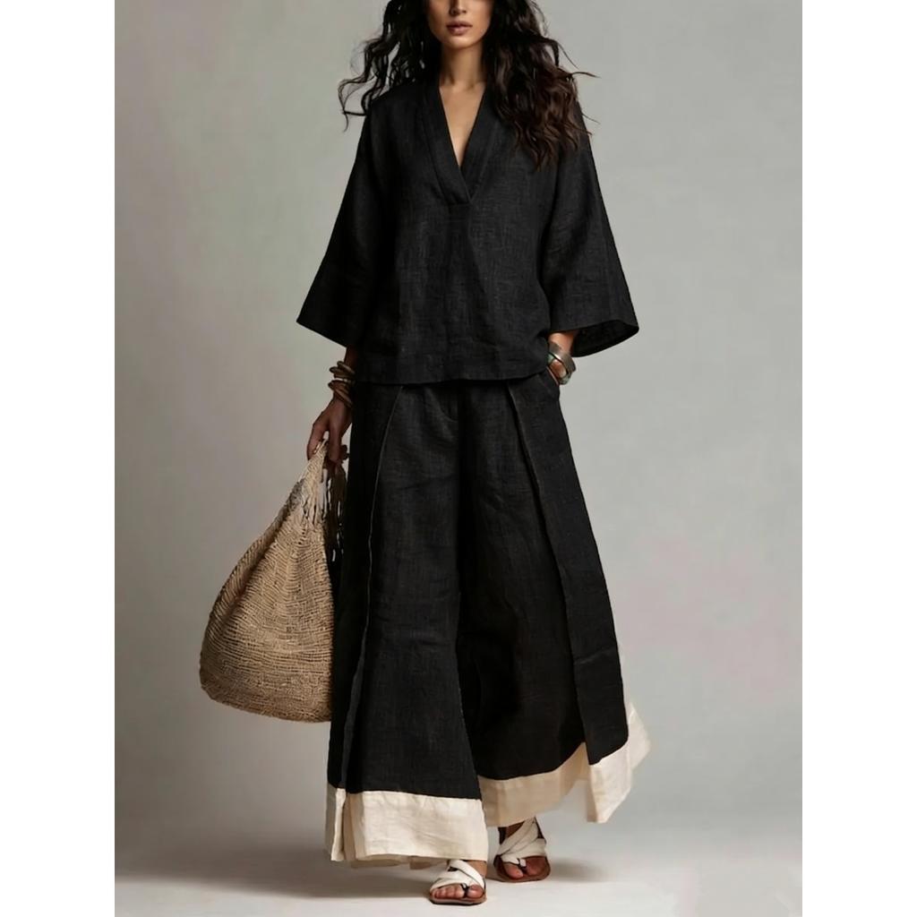 Women's Spring Summer French Linen Cotton Set V Neck 3/4 Sleeve Shirt + Color Block Wide Leg Pants Outfit