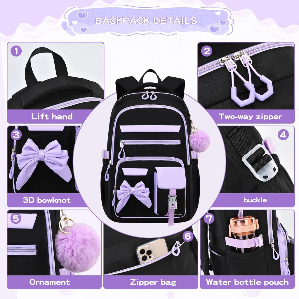 Set Zaino Viola 3 Pezzi: Zaino Scolastico, Borsa Pranzo e Borsone per Libri per Studenti