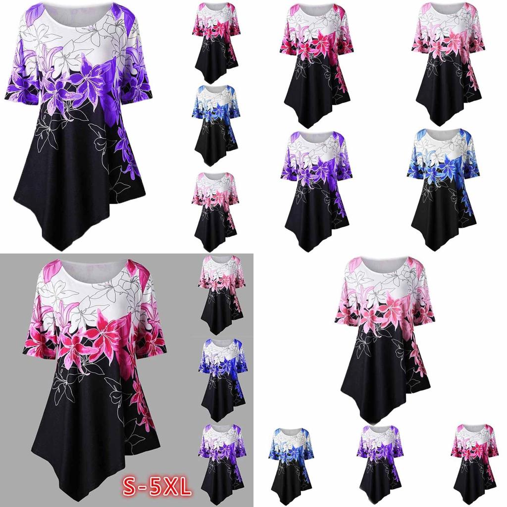 Fashionable Women Ladies Asymmetric Hem Floral Print T-shirt Tunic Tops For All Sizes