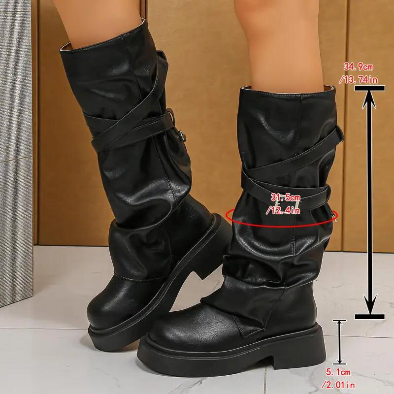 Y2K Chunky Platform Black Long Boots Women Winter Belt Buckle Mid Calf Boots Woman Pu Leather Thick Bottom Motorcycle Shoes