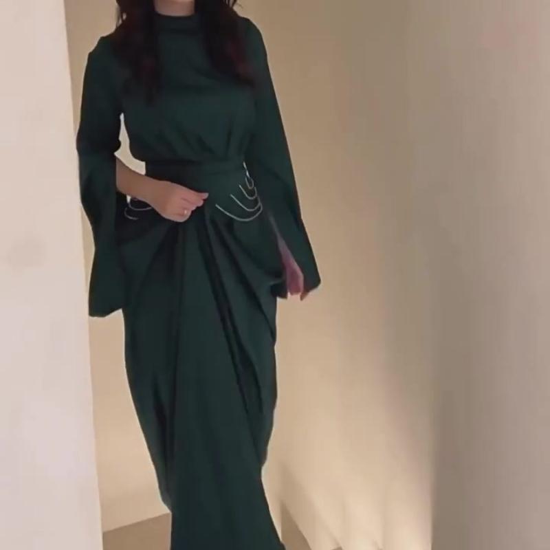 Elegantes langes Satinkleid für Damen, halbhoher Kragen, ausgestellte Ärmel, Partykleid, einfarbig, schmale Abendkleider für Damen