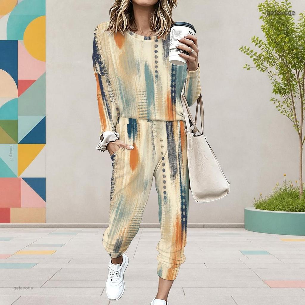Women Plus Size Printed Round Neck Long Sleeve Two Piece Set Cuffed Top And Pants With Pockets