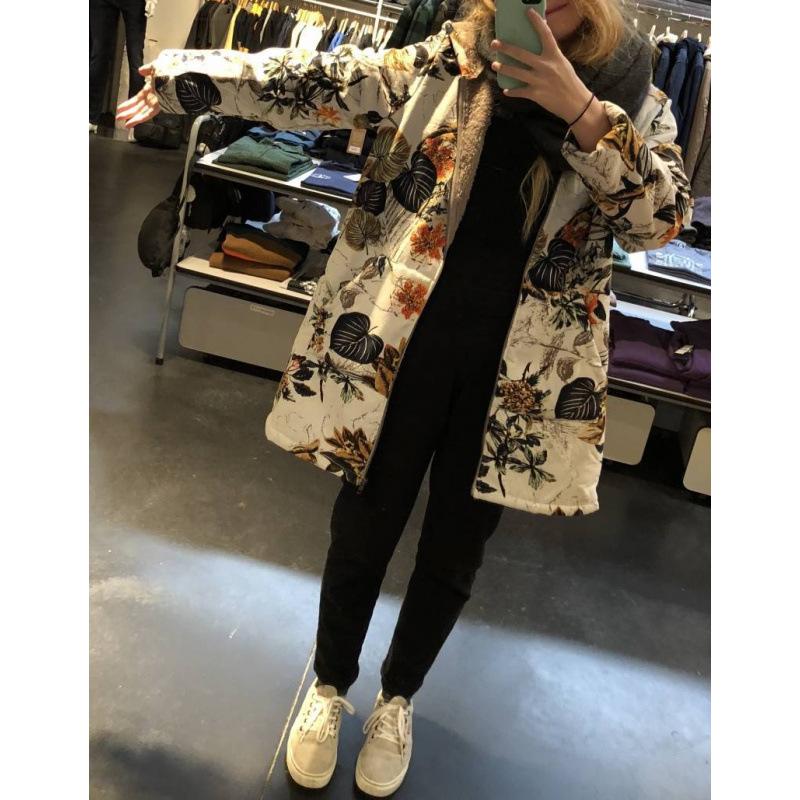 2025 European and American women's long-sleeved zipper hooded thickened composite cotton-padded coat printed medium and long cotton-padded coat