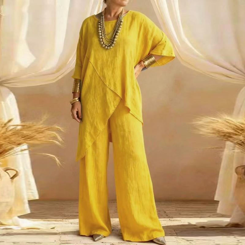 Summer Half Sleeve Irregular T Shirt Loose Wide Leg Pants Suit Women Casual Two Piece Set Cotton Linen Outfits