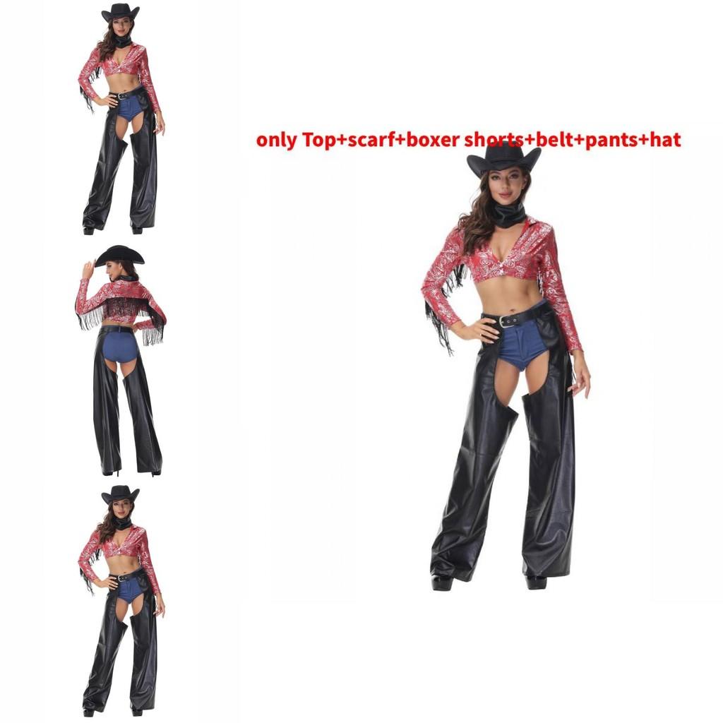 Sexy Tassel Western Denim Cosplay Clothing For Women Halloween Entertainment Cotton Blend Outfit