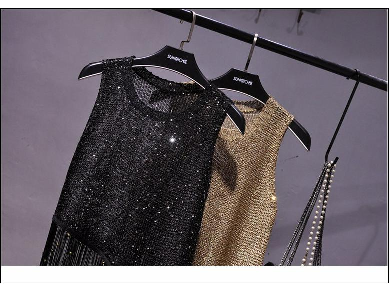 2019 Korean Style Sequin Tassel Spaghetti Strap Vest - Gold Thread Sleeveless Knitted Top for Women