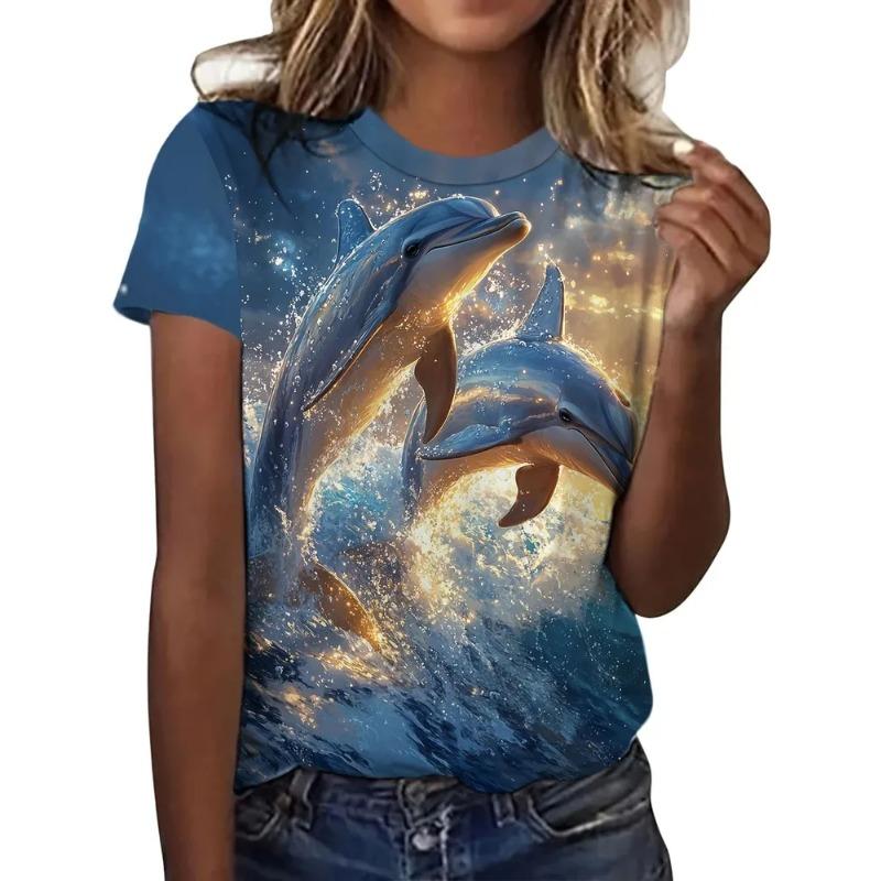 Casual Fashion Simple Abstract Painting Animal Sea Dolphin Breathable 3D Printed Round Neck Short Sleeve T-shirt Casual Sports Shirt