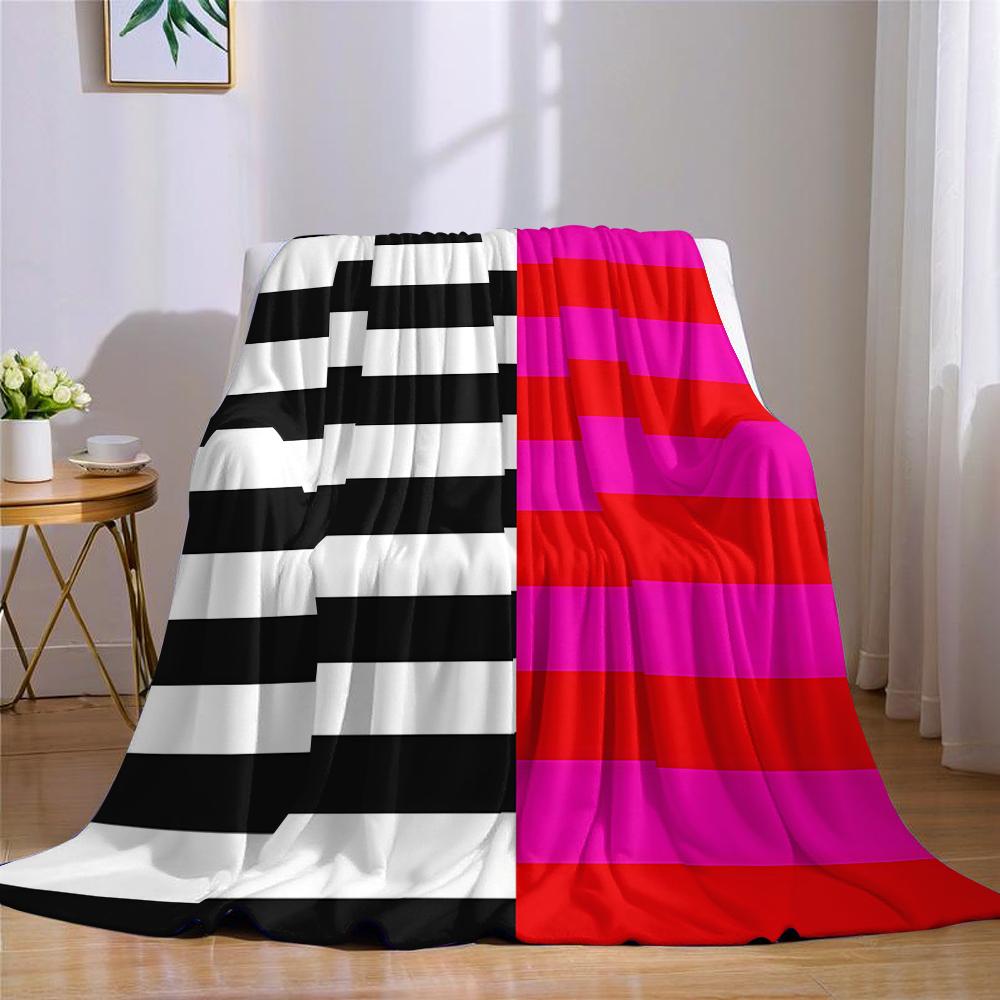 Bicoloured Stripes Pink Black Flannel Blanket Warm Soft Halloween Christmas Couch Warm Cozy Decorative Decor Gift for All Season