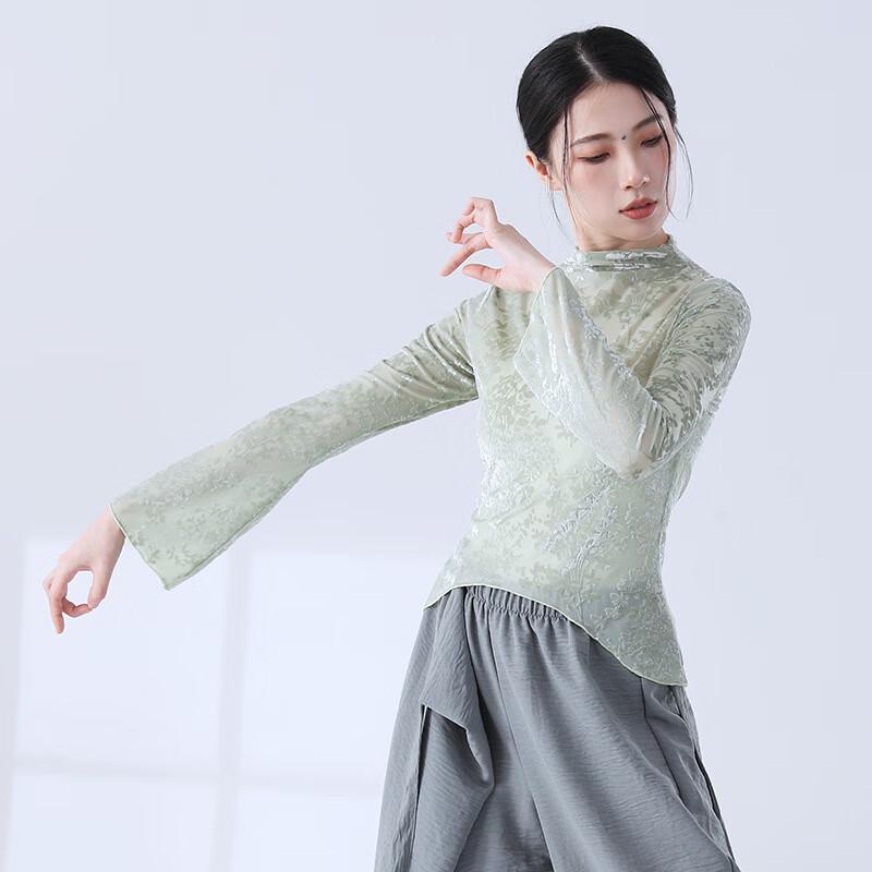 WEZHO Classical Dance Flocked Mesh Long-Sleeve Top