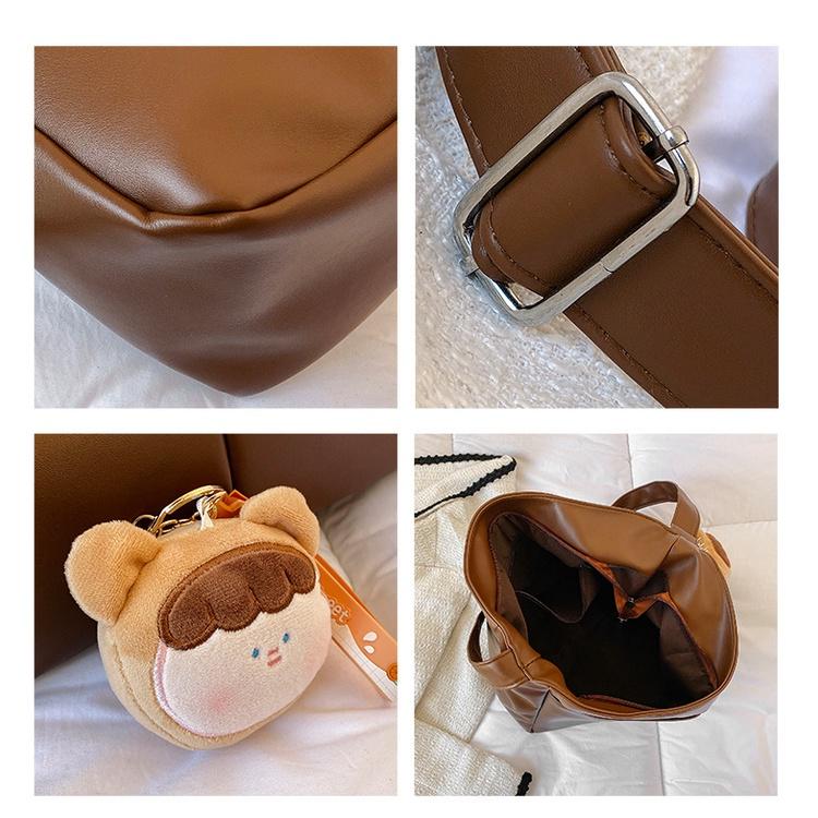 IELGY women's soft leather retro bucket bag, large-capacity crossbody shoulder tote bag (free pendant)