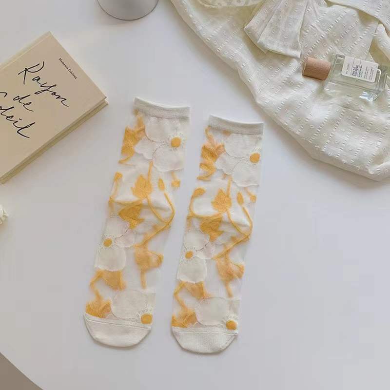 New Women Ladies Sock Fashion Sheer Mesh Glass Silk Socks Ultrathin Transparent Crystal Lace Fabulous Elastic Summer Flower Sock