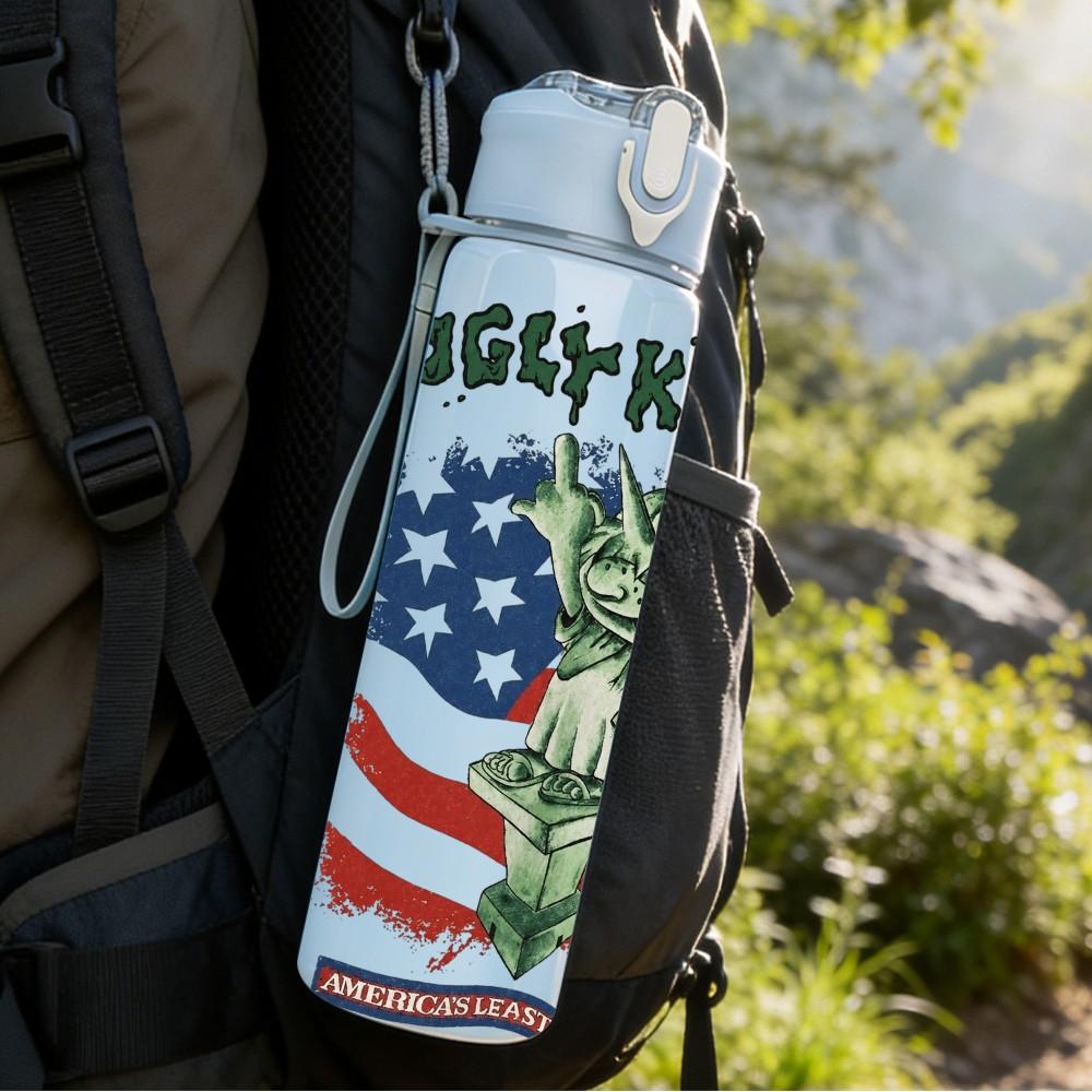 1PC Statue Liberty USA Flag 750ml Sports Water Bottle Leakproof Straw Lid Outdoor Office Home