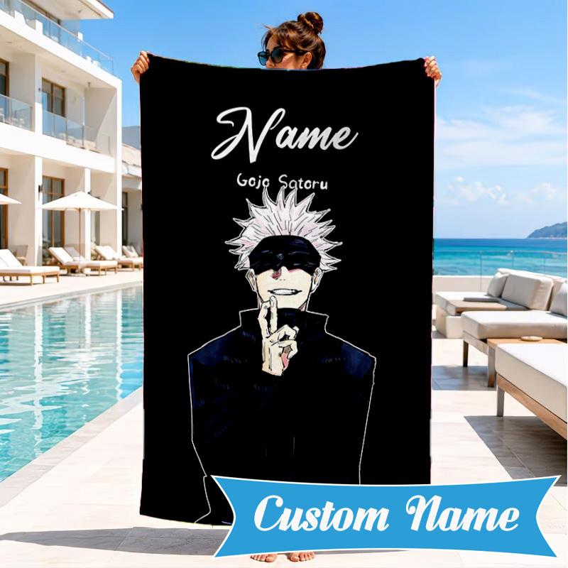 Custom Name Gojo Jujutsu Beach Towel Microfiber Beach Towel, Lightweight and Quick-Dry, for Summer Travel, Swimming Pool Gift