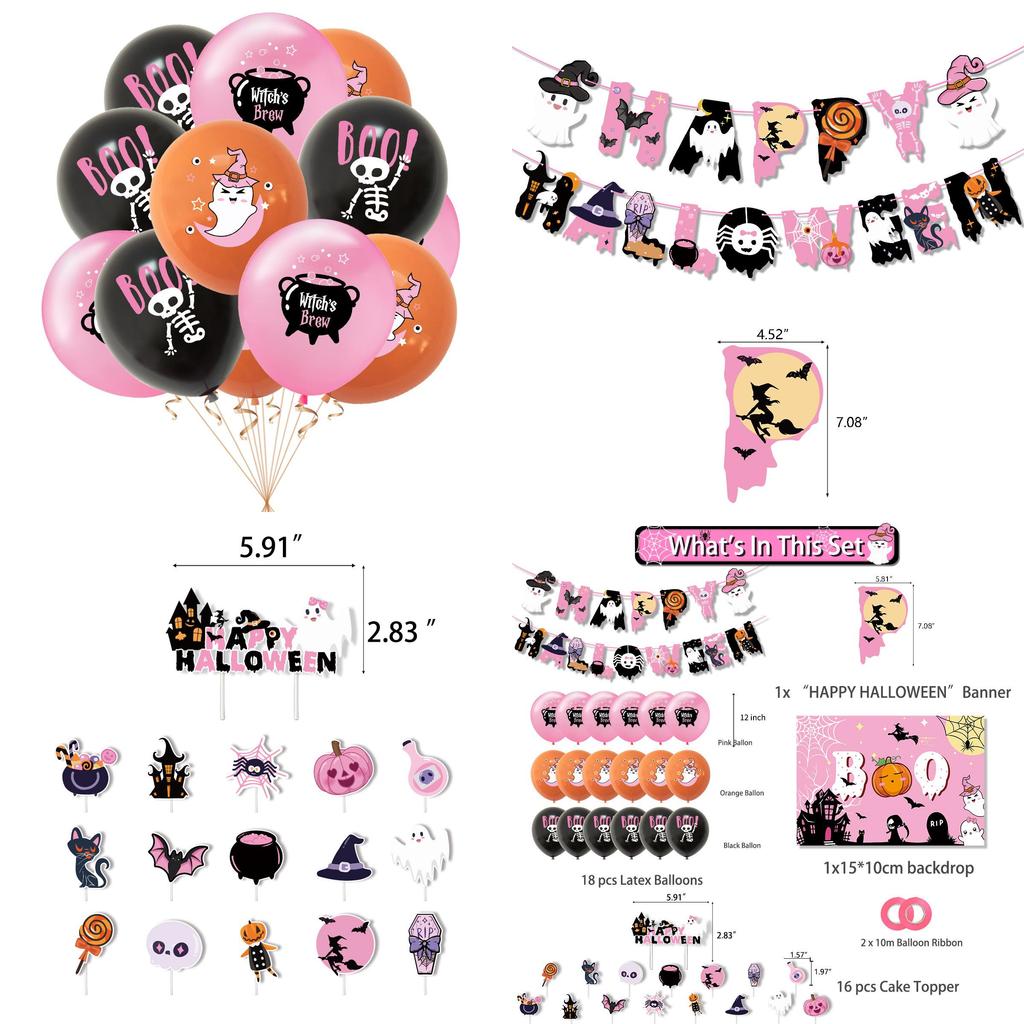 Pink Halloween Party Decorative Skull Balloon Pumpkin Banner Cake Insert Set