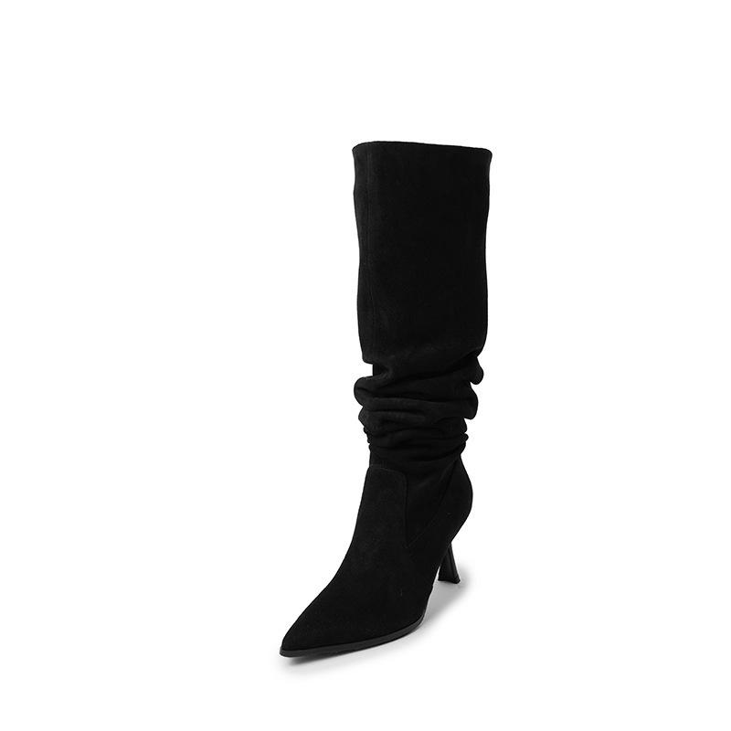 Pointed retro Korean suede stiletto stacking boots pleated western boots long boots