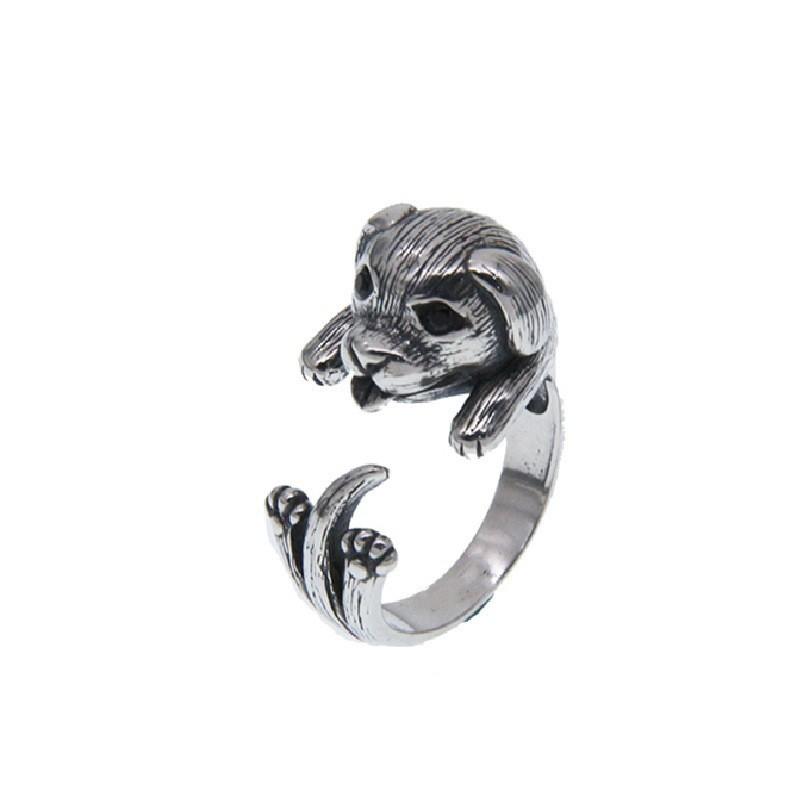 Adjustable Open Ring With Cute Tongue-Out Dog Charm Retro Vintage Plated Animal Jewelry Women Men