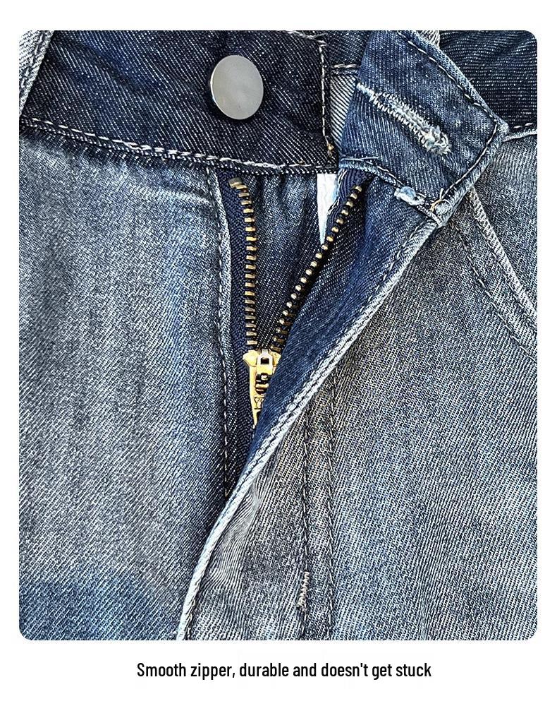 High-End Gray Fleece-Lined Wide-Leg Women's Jeans - Autumn/Winter 2024 Embroidered High-Waisted Loose Fit