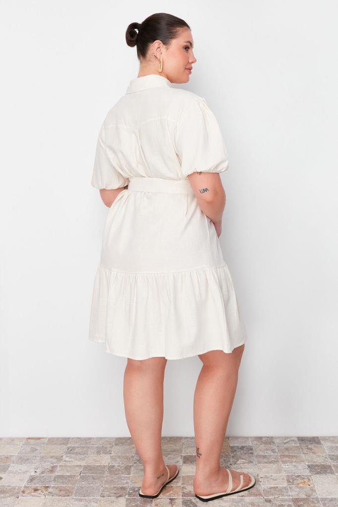  Women's Plus Size Dress Beige Linen Look Belted Buttoned Shirt Dress