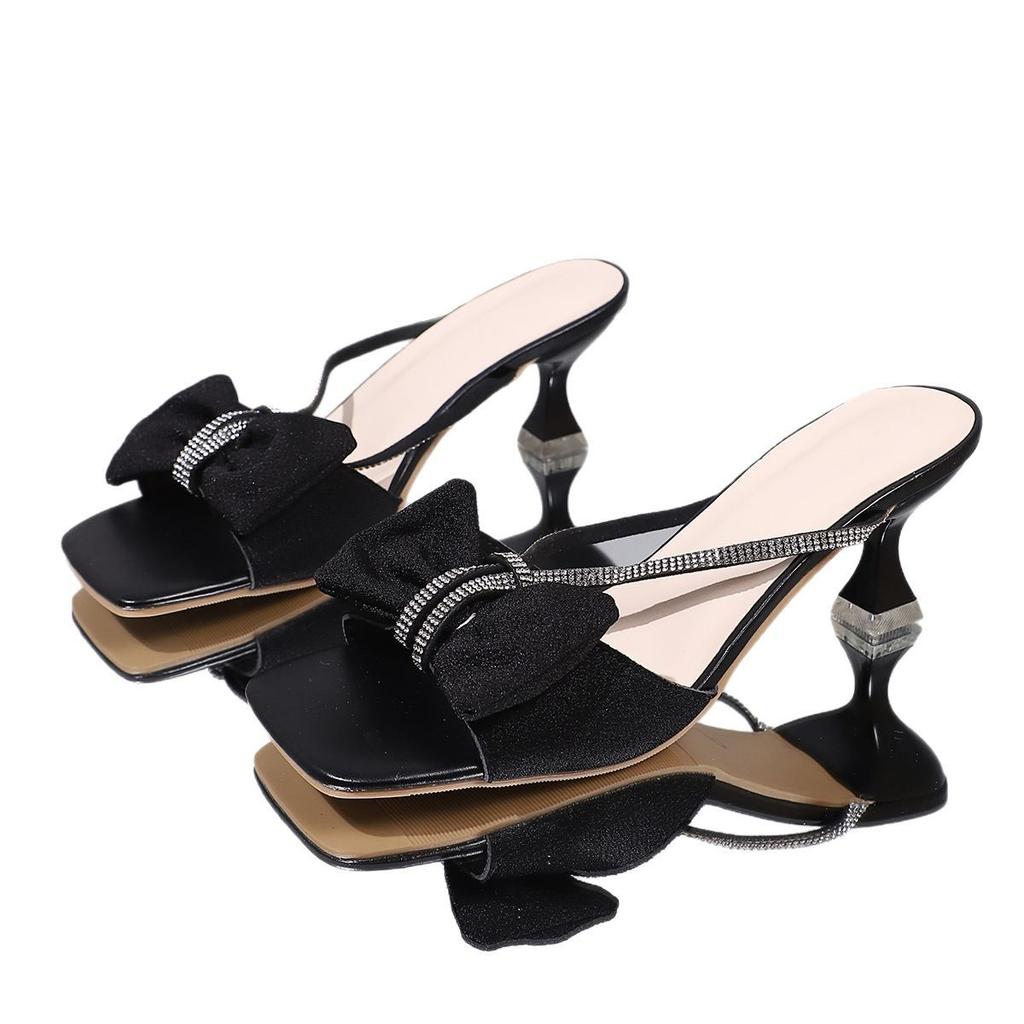 Fashion 2025 New Open Toe Women Slippers Elegant Bow Designer Dress Party Stiletto Sandals Fashion Square Head Women Slippers Summer