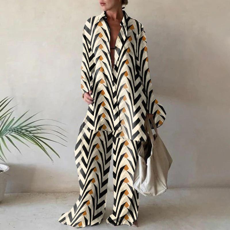 2022 Fall Women's Fashion Set: Printed Loose Long-Sleeve Shirt + Straight-Leg Pants