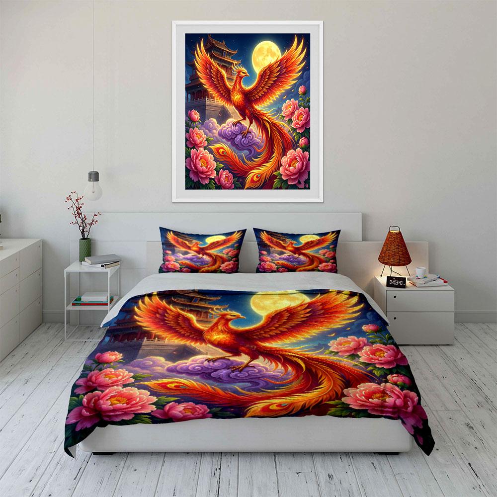 3Pcs Majestic Phoenix Under Full Moon Duvet Cover Set With 3D Printing Design Soft Polyester Bedding Set All-Season Comfort