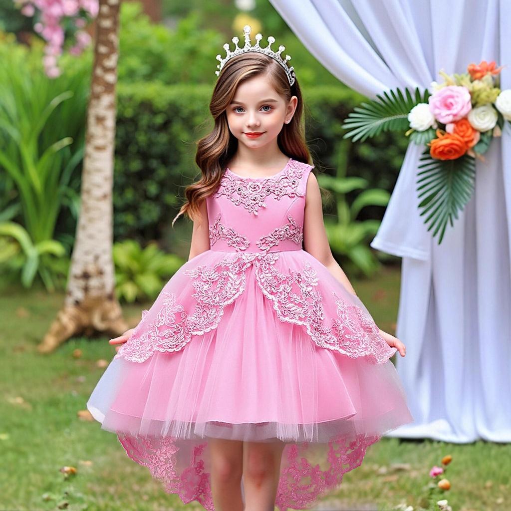 Children's formal wear: princess dresses, embroidered girls' dresses, lace dresses, flower girl dresses with trains, and puff-skirted dresses