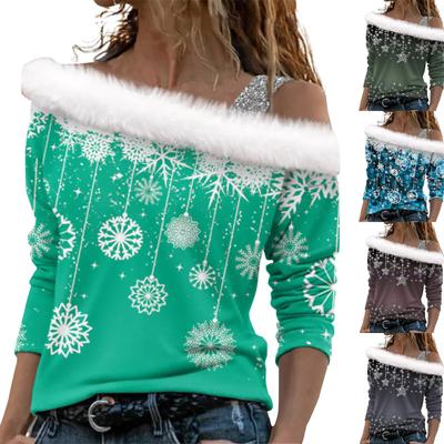Damen-Langarm-Oberteile, modische Damen-Pullover mit lockerem Weihnachtsdruck, schulterfrei