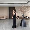 French Red Neck Halter Dress Women's Summer New Hip Wrap Slim Holiday Dress Dress Slim Dress Long Dress