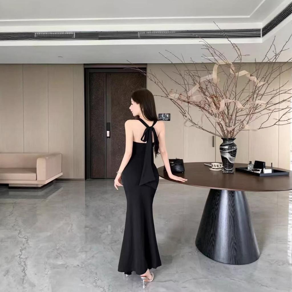 French Red Neck Halter Dress Women's Summer New Hip Wrap Slim Holiday Dress Dress Slim Dress Long Dress