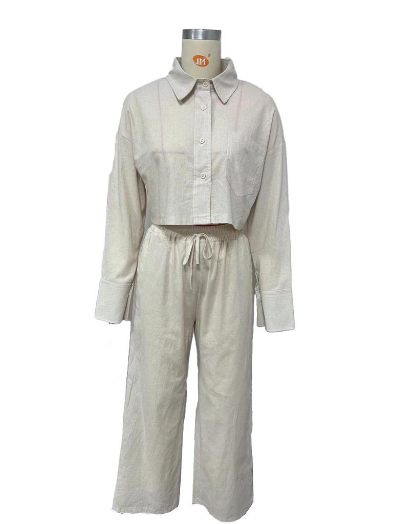 2025 European & American Solid Color Long Sleeve Shirt & Drawstring Pants Set